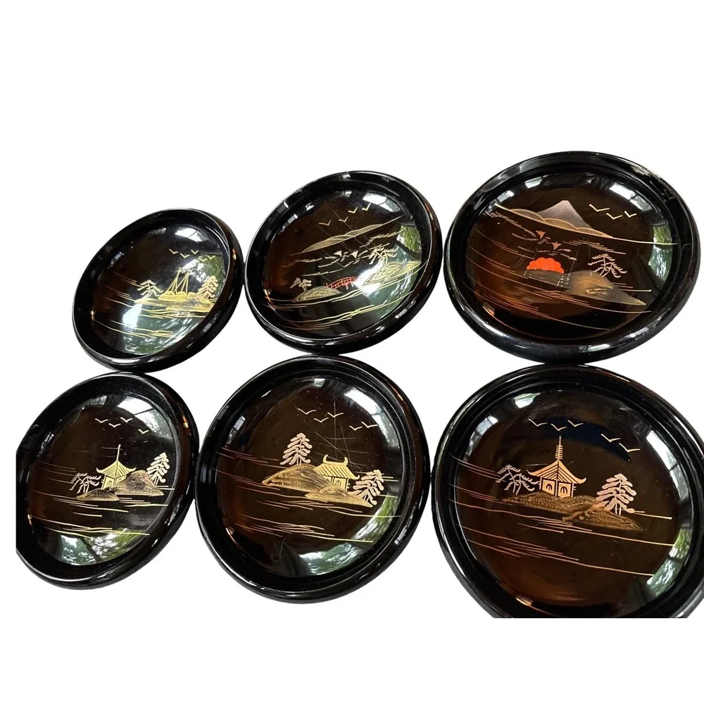 VTG Japanese Lacquerware Salad Bowls Set  of 6 Black Gold Landscape‎ Mt Fuji Art